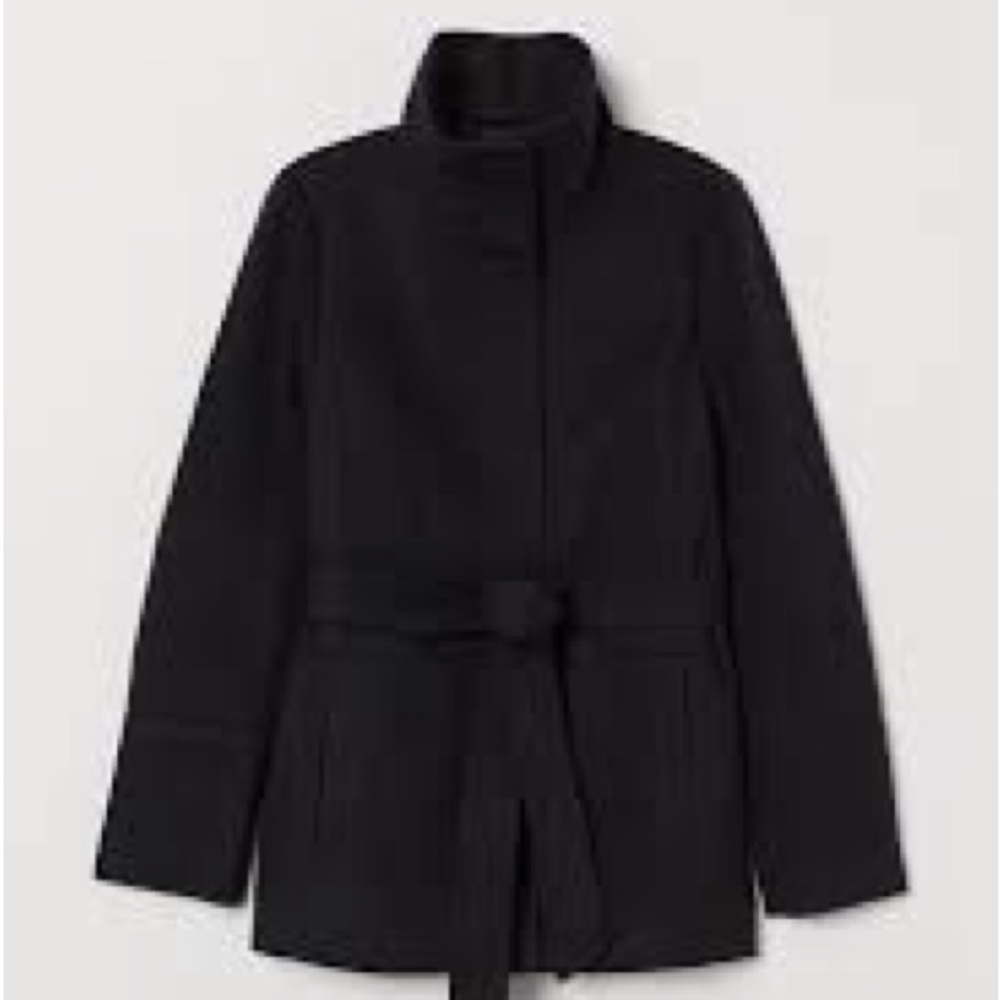 H&M Black Trench Coat with Belted Waist and Stand-Up Collar
